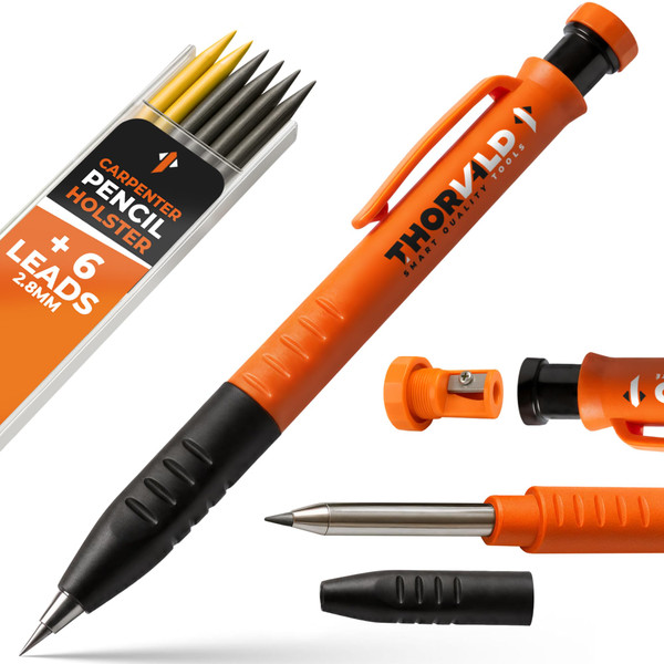 THORVALD New 3-in-1 Carpenter Pencils with Finger Grip for Construction - Incl. 7 Leads + Sharpener - Solid Mechanical Pencils with Fine Point/Best Marking tools Construction/Carpenters/Scriber