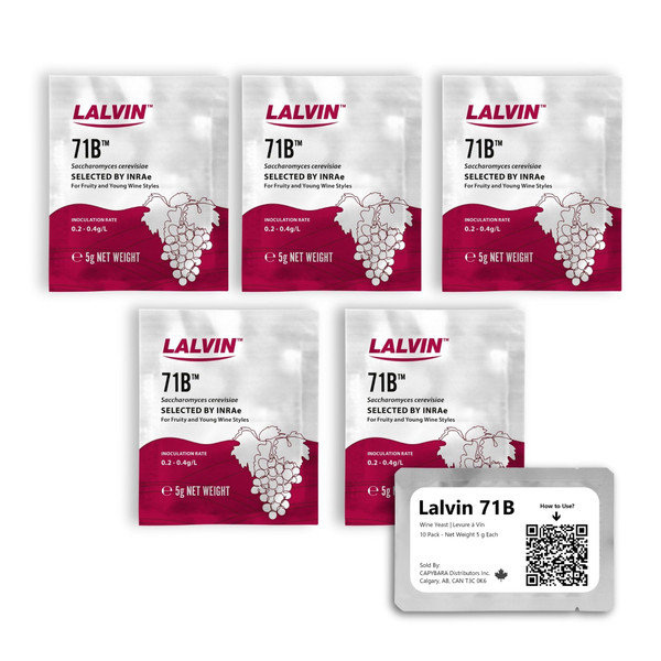 Lalvin 71B Wine Yeast (5 Pack) - Make Wine Cider Mead Kombucha At Home - 5 g Sachets - Saccharomyces cerevisiae - Sold by CAPYBARA Distributors Inc.
