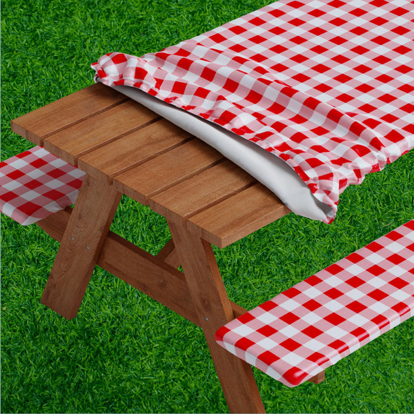 Sorfey Picnic Table Cover with Bench Covers -Fitted with Elastic, Vinyl with Flannel Back, Fits for Table 30"x 72" Rectangle,Water Proof, Checked red Design Sorfey Picnic Table Cover with Bench Covers -Fitted with Elastic, Vinyl with Flannel Back, Fits for Table 30"x 72" Rectangle,Water Proof, Checked red Design