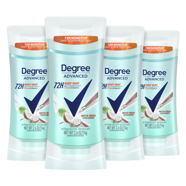 Degree Antiperspirant Deodorant 72-Hour Sweat & Odor Protection Fresh Coconut Deodorant for Women with MotionSense Technology 2.6 oz, Pack of 4