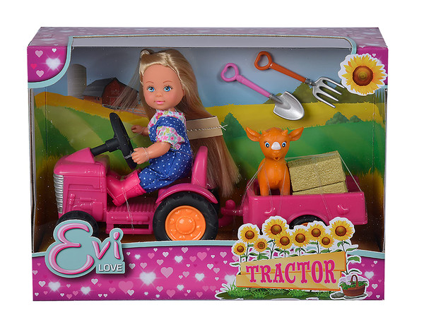 Simba Evi Love Tractor, 105733518 Doll on her Tractor with Trailer, Animal, Hay Bale, Shovel and Pitchfork, 12 cm, Suitable for Children from 3 Years