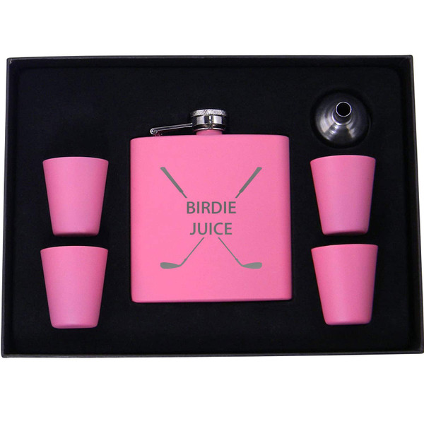 Birdie Juice Flask, Funnel, Shot Glasses, and Gift Box - Golfing Birdie Juice Hip Stainless Steel Metal Matte 6-Ounce Golf Bag Flask (Pink)