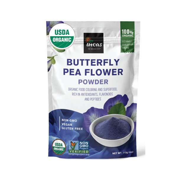INCAS 100% USDA Organic Butterfly Pea Flower Powder (4 Ounce) | Organic Blue Matcha Tea | Non-GMO Verified Extract from Thailand | Natural Blue Food Coloring | Adaptogenic Raw Culinary | Vegan