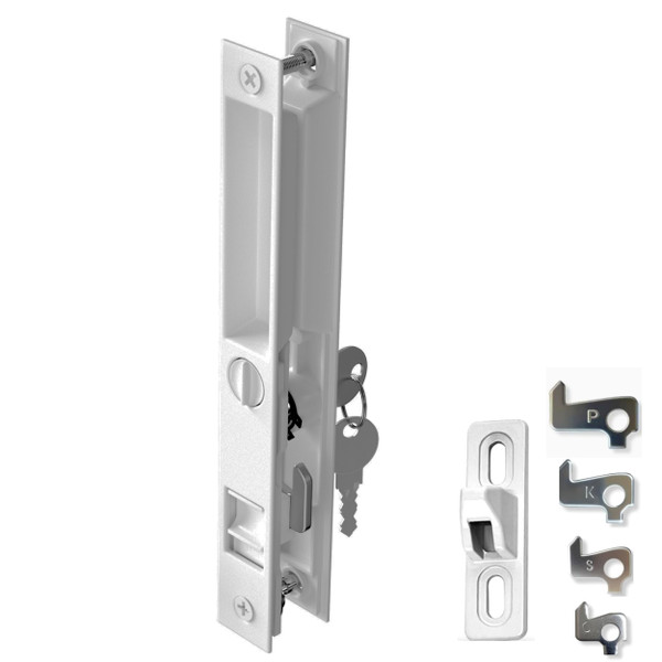 T-HAKEN Sliding Glass Door Handle Set | 6‑5/8″ Hole‑Center, Flush‑Mount Hook Style, Non‑Handed, Fits 1″–1 1/8″ Thick Doors – Keyed (White)