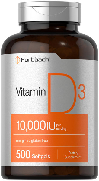 Horbäach Vitamin D3 10000 IU | 500 Softgels | Non-GMO, Gluten Free Supplement | Value Size | 250mcg | High Potency Formula