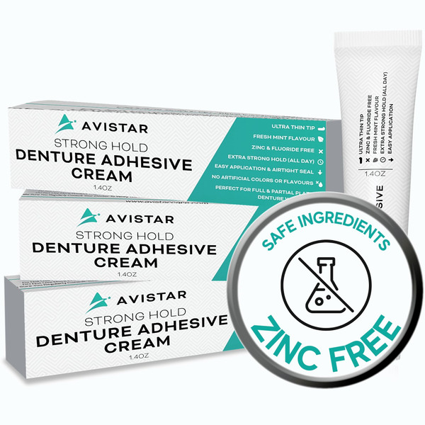 Extra Strong Denture Adhesive Cream, 12 Hour Hold Dental Glue, Waterproof, Zinc & Fluoride Free, Easy Apply Nozzle, Seals Food Out for Comfort, Mint Flavor (3 Pack, 4.2 Fl Oz)
