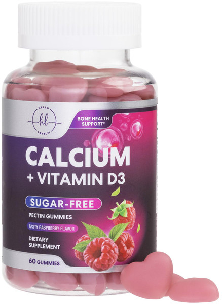 Calcium Gummies with Vitamin D3 10 mcg per Serving - Sugar Free Calcium Supplements for Bone Strength, Teeth & Immune Health Support - Natural Chews, Berry Flavored & High Absorption - 60 Gummies