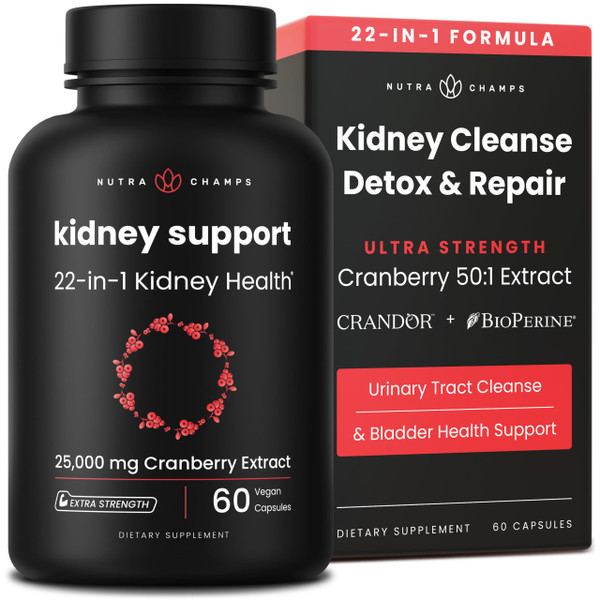 Kidney Cleanse Detox | 22-in-1 Kidney Support Supplement | 25,000mg Cranberry Pills Extract | Extra Strength Repair & Flush Premium Formula | Urinary Tract Health for Women & Men | 60 Vegan Capsules