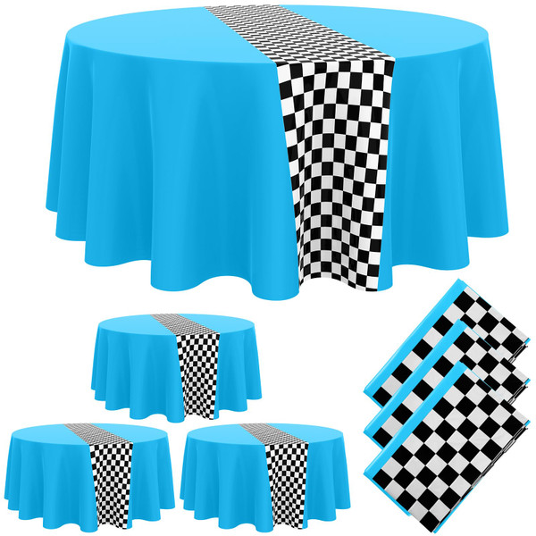 Oudain 3 Pcs Cars Birthday Party Supplies Racing Party Decorations Round Racing Tablecloth Checkered Flag Table Covers Road Plastic Table Cloth, 1950s Disco Dancing Party Tablecloth (Light Blue)
