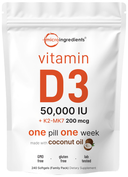 Micro Ingredients Vitamin D3 50,000 IU + K2 MK-7 200 mcg, 240 Softgels | Virgin Coconut Oil | 2-in-1 Support | Easy to Swallow, Non-GMO