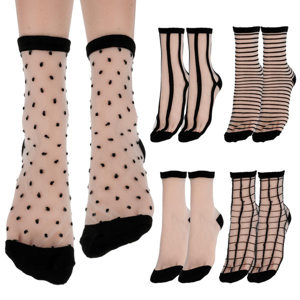 Lusofie 5 Pairs Sheer Socks Black See Through Socks Checkered Dot Striped Plaid Ankle Summer Socks for Women Thin Fashion (Style A)