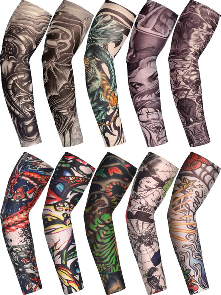 Boao 20 Pcs Men's Cooling Arm Sleeves Long Fingerless Arm Cover Anti Slip UV Protection Sun Temporary Tattoo Sleeves(Novelty Style,Bright Colors,Large)