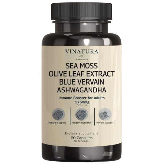 VINATURA Organic Sea Moss, Blue Vervain - with Black Seed Oil, Ashwagandha, Ginger, Burdock Root Capsules - 1250mg per Serving, *USA Made &Tested* Immune Booster for Adults