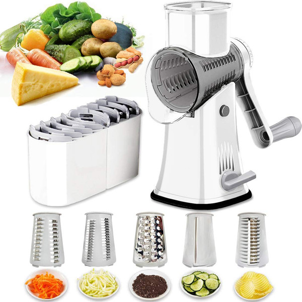 Rotary Cheese Grater Shredder 5-in-1 Tumbling Box Mandoline Vegetable Julienne Slicer Waffle Cutter Nut Chopper with Handle and Strong Suction Base Rotary Cheese Grater Shredder 5-in-1 Tumbling Box Mandoline Vegetable Julienne Slicer Waffle Cutter Nut Chopper with Handle and Strong Suction Base