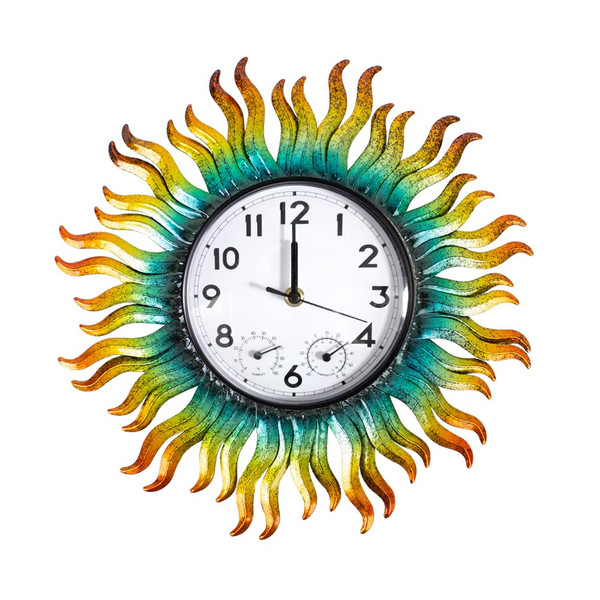 HOBYLUBY 13'' Sun Outdoor Clock, Wall Clock with Thermometer & Humidity Silent No-Ticking Waterproof for Patio, Living Room, Kitchen