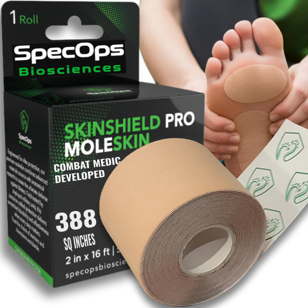 SpecOps BioSciences SkinShield PRO Moleskin | Combat Medic-Engineered Blister Defense for Runners, Hikers & Athletes | Ultra-Thin, Competition-Grade | 2" x 16 ft Roll
