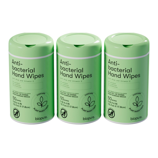 Biopure Antibacterial Hand Wipes Fresh Morning Breeze- Antibacterial Wipes with Aloe and Vitamin E Formula | 5"x7" Wet Wipes Canister | No Parabens, Sulfates or Phthalates, Kills 99% of Germs, 150 ct
