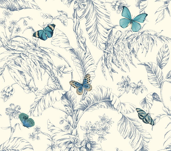 York Wallcoverings Ashford Toiles Papillon Removable Wallpaper, Blue/White