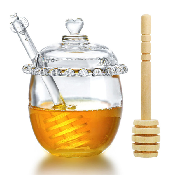 kanpura Honey Pot with Dipper and Lid, 6oz Mini Glass Honey Jar, Crystal Syrup Dispenser for Christmas Home Kitchen Decor