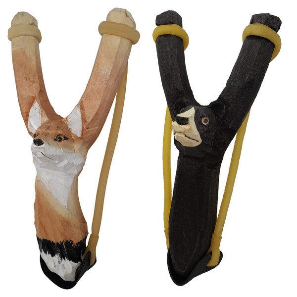 NatureLaunchers Hand-Carved Wooden Animal Slingshot Set | 2 Pack (Bear & Fox)
