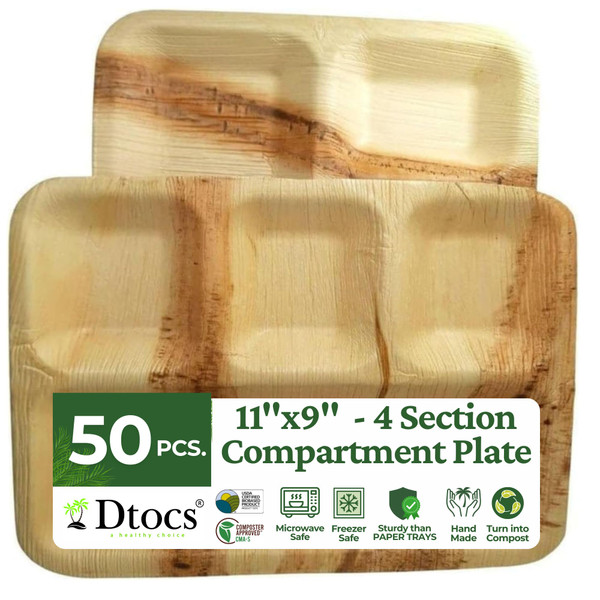 Dtocs Palm Leaf Compartment Plates Disposable 11x9 Inch (50 Pc.) Bamboo Divided Plate look Compostable Portion Plate For Lunch Canteens, Picnic, Birthday | Sturdy Alternate to Paper Sectional Plates Dtocs Palm Leaf Compartment Plates Disposable 11x9 Inch (50 Pc.) Bamboo Divided Plate look Compostable Portion Plate For Lunch Canteens, Picnic, Birthday | Sturdy Alternate to Paper Sectional Plates