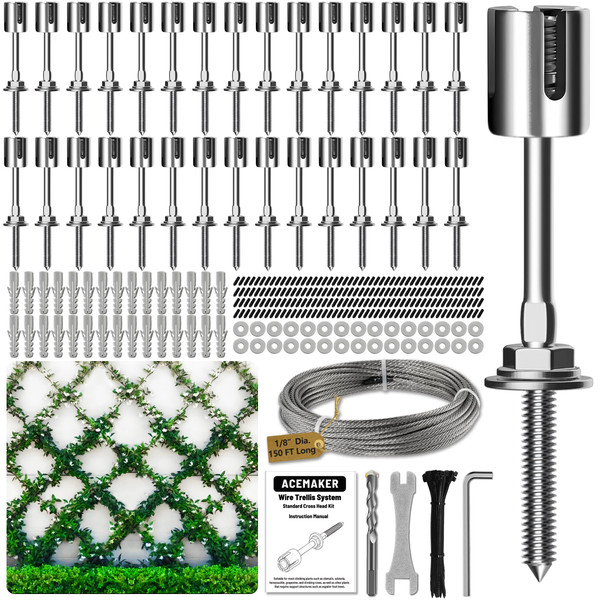Acemaker Wire Trellis for Climbing Plants Outdoor, 30-Set Wall Wire Trellis Kit with 1/8in x 150ft Stainless Steel Cable, T316 Espalier System for Fence and Garden DIY Projects