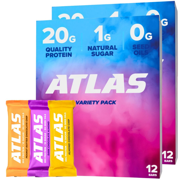 Atlas Protein Bar, 20g Protein, 1g Sugar, Clean Ingredients, Gluten Free (Whey Variety, 12 Count (Pack of 2)) Atlas Protein Bar, 20g Protein, 1g Sugar, Clean Ingredients, Gluten Free (Whey Variety, 12 Count (Pack of 2))