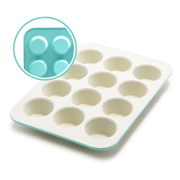 GreenLife 12-Cup Muffin Pan, PFAS-Free Healthy Nonstick Baking Tray, 11.4" x 1.9" x 15.9", Durable Ceramic Bakeware, Cupcakes, Egg Bites, Tarts, Brownies, Turquoise