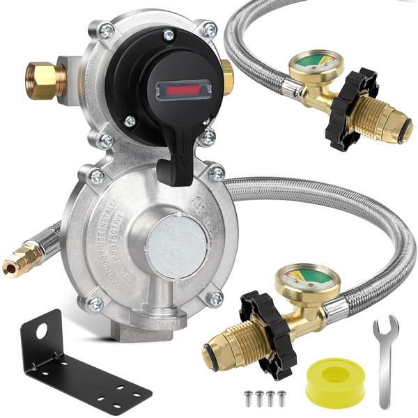 2 Stage Automatic Changeover LP Propane Gas Regulator with 36" RV Pigtail Propane Hoses with Gauge POL Connect 100 lb propane tank regulator 1/4" Inverted Male Flare, Ideal for Trailers and Camper RVs