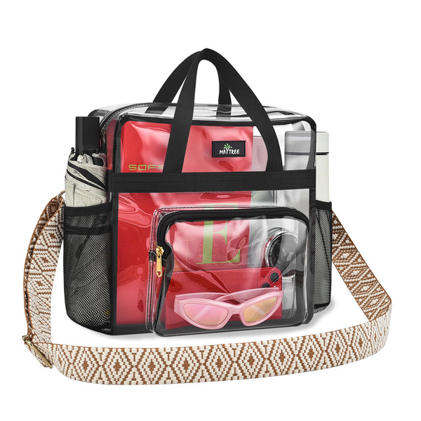 MAY TREE Clear Bag for Stadium Events, 12x6x17 Clear Tote Bag with Removable Strap, Transparent Bag for Concert Sports Gym, Beige Cube-Strap