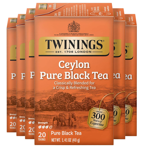 Twinings Ceylon Pure Black Tea Individually Wrapped Bags, 20 Count (Pack of 6), formerly Ceylon Orange Pekoe, Crisp, Refreshing, Caffeinated, Enjoy Hot or Iced, 120 Teabags