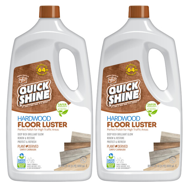 Quick Shine Hardwood Floor Luster-Polish 64oz-2pk Plant-Derived w/Carnauba Safer Choice, No PFAS, pH Neutral Ready to Use Formula w/Anti-Slip Technology Simply Squirt & Spread Made in USA