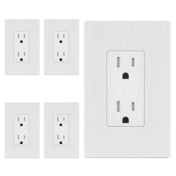 LIDER Brushed Finish Decorator Receptacle with Screwless Wall Plate, Child Safe Tamper-Resistant Wall Outlet, Residential Grade, Self-Grounding, 15A 125V, UL Listed, Brushed White, 5 Pack