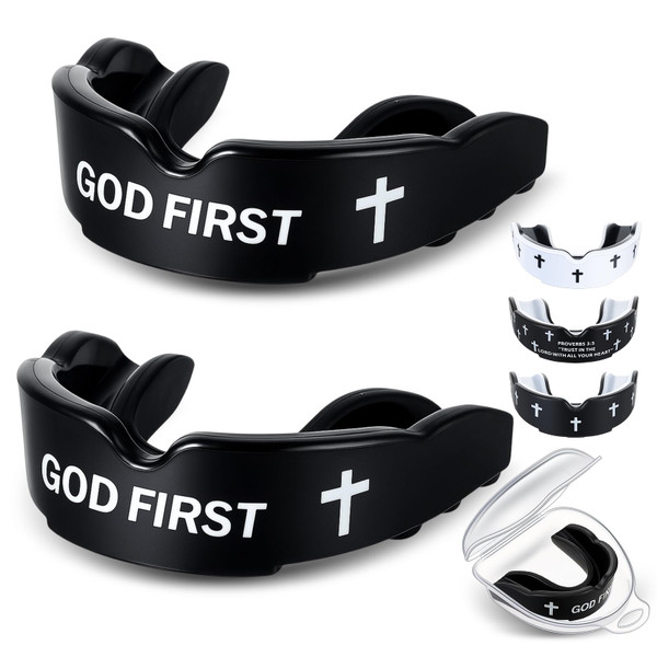 Yaomiao 2 Pcs Cross Mouth Guards Christian Teeth Armor Sport Game Guard & Case Religious Mouth Guard Football Basketball Baseball Wrestling Lacrosse Rugby Boxing Taekwondo(Black & God,Adult)
