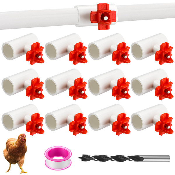 Enhon 12 Pack Chicken Nipples Waterer with 1/2'' PVC Tee Fittings, DIY Auto Chicken Waterering System, Horizontal Side Mount Poultry Water Nipple Waterer Drinker and for Ducks Quail and Other Poultry