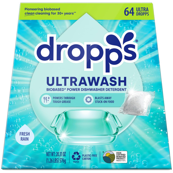 Dropps UltraWash Dishwasher Pods, Fresh Rain (64 Count) - Biobased Power Deep Clean Dishwasher Detergent Tablets for Sparkling Shiny Dishes - No Rinse Aid or Pre-Wash Needed - Dishwashing Pods