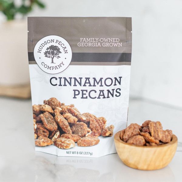 HUDSON PECAN COMPANY: Cinnamon Candied Pecans | Georgia Grown Family Owned. Cinnamon & Sugar Candy Coated, Expertly Baked to Perfection, (Perfect for Salads, Baking, Snacking & Gifting), 8oz