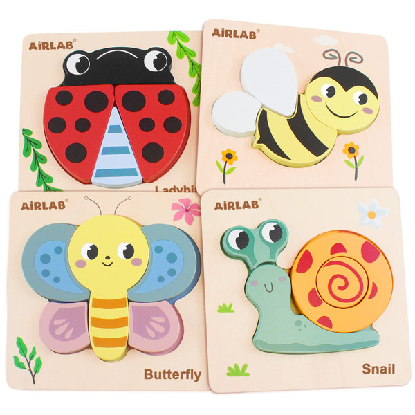 Wooden Toddlers Puzzles Animals Shape Puzzle Educational Toys Gift for Boys Girls Baby Travel Daycare Portable Toy with Drawstring Bag Pack of 4
