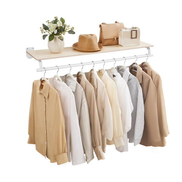 SONGMICS Clothes Rack with Top Shelf, Wall Mounted Clothing Rack, with Hanging Rod, Loads up to 77 lb, 11 x 42.9 x 5.2 Inches, Entryway, Bedroom, Closet, Natural Beige and Cloud White UHSR135W01