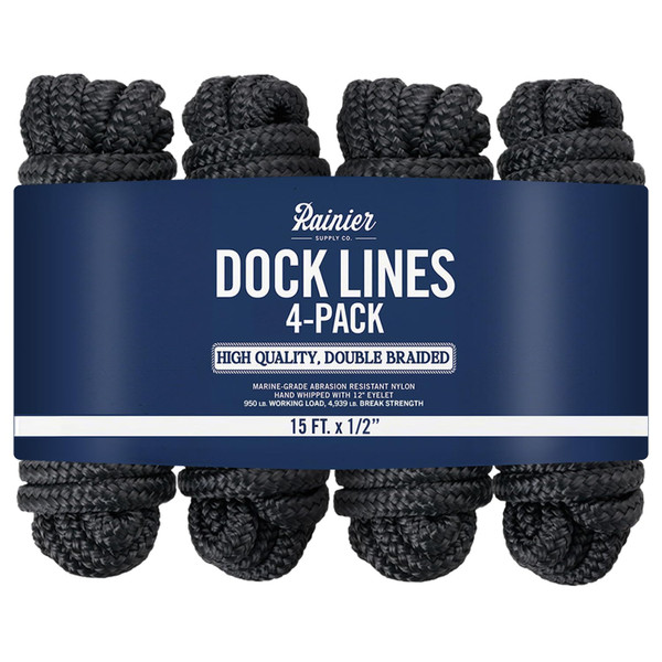 RainierSupplyCo Dock Lines 4-Pack - Boat Rope for Docking with Loop - 15 ft x 1/2 Inch Premium Double Braided Nylon Marine Rope - Mooring Line with 12" Eyelet - Boat Accessories - Black