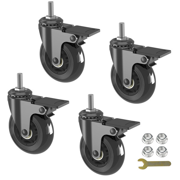 MALLLALA Set of 4 Caster Wheels with Locking,Heavy Duty 5/16"-18UNC Threaded Stem Casters,Mute Rubber Swivel Wheels with Brake,Industrial/Furniture Wheels,150lbs Load Capacity Per Castor