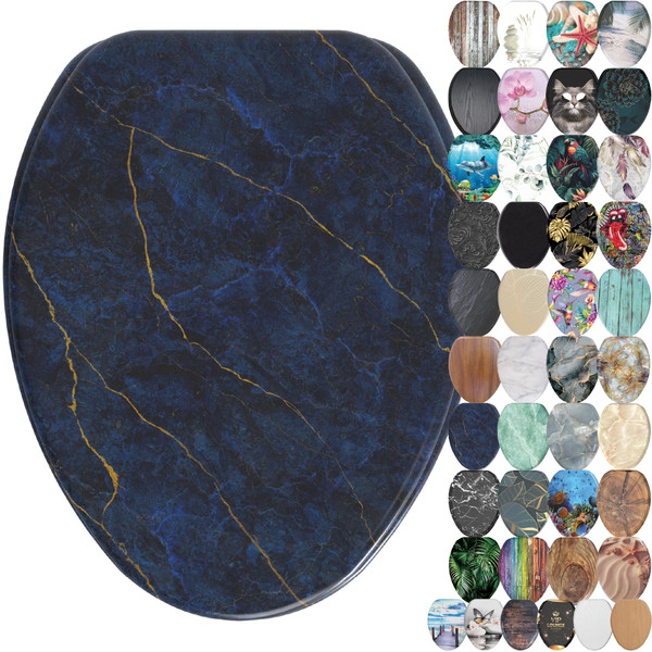 SANILO Wooden Toilet Seat with Soft Close [ELONGATED] - Decorative, Quiet & Slow Close Molded Wood Seat - With Strong Bumpers & Hinges - Adjustable Fit - Marble Dark Blue