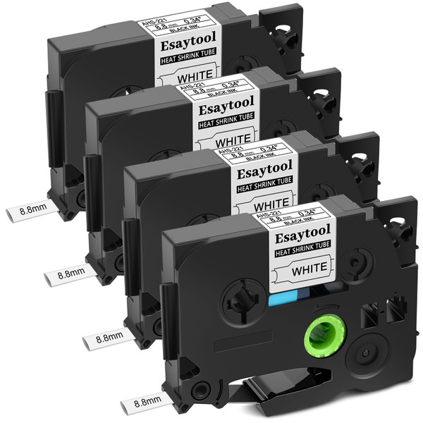 Esaytool 4 Pack HSe-221 Heat Shrink Tube Label Tape Cable Shrink Tubing HS221 HSe 0.34inch (8.8mm) x 4.9ft (1.5m) Black on White Compatible for Brother P Touch PT-E300 E500 P710BT P700 P750WVP P900