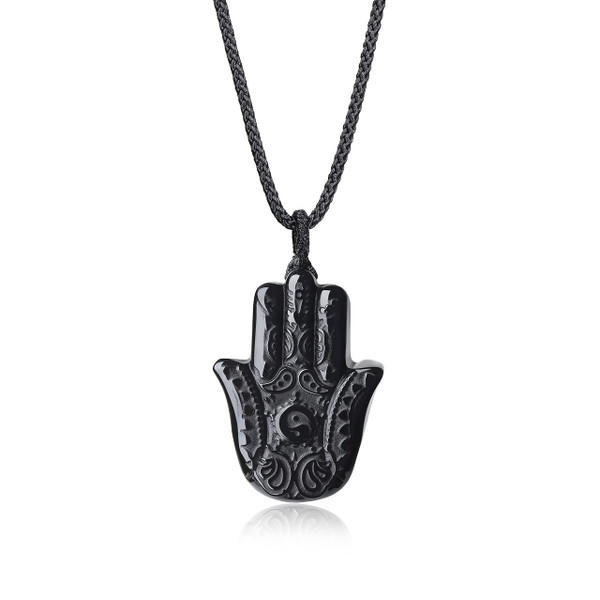 COAI Adjustable Nylon Cord Hamsa Hand Black Obsidian Stone Necklace