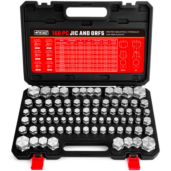 Pikwo 160 PC JIC and ORFS Master Industrial Hydraulic Cap and Plug Hose Tube and Pipe Fitting Kit Cap and Plug Kit Precision Threading in ORFS and 37° Dash Sizes 4 6 8 10 12 16