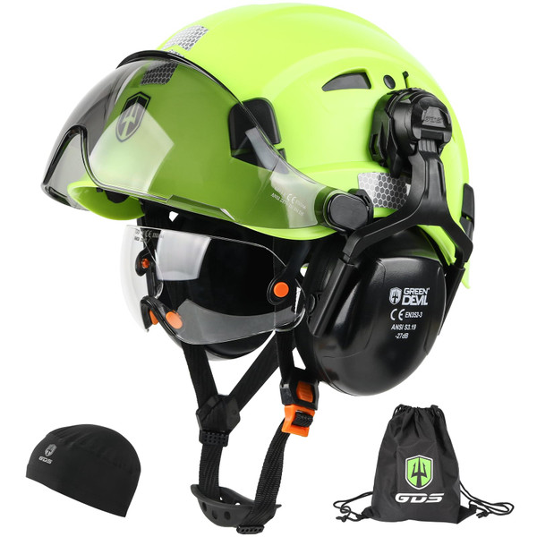 GREEN DEVIL Hard Hat Safety Helmet with Visor and Ear Muffs Men Women Vented Work Hardhat ANSI Z89.1 Cascos De Construccion for Industrial Construction Forestry