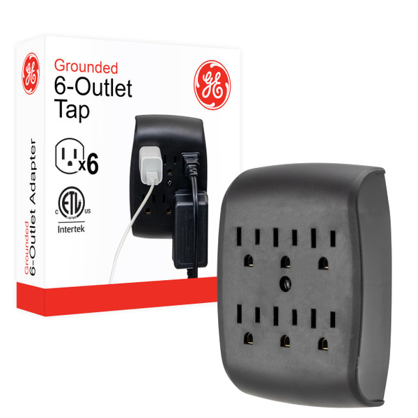 GE 6-Outlet Extender Wall Tap, Grounded Adapter, Outlet Splitter, Charging Station, 3-Prong, Plug Adapter, Secure Install, Cruise Essentials, ETL Listed, Black, 54840