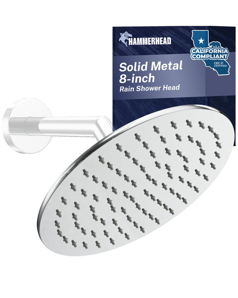 HammerHead Showers® Solid Metal 8 Inch Rainfall Shower Head – CHROME - Shower Head Rainfall - 1.75 GPM High Flow Shower Head Optimized for Pressure – Large Round Rain Shower Heads