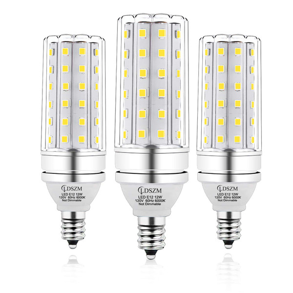 E12 LED Corn Light Bulbs, 12W Equivalent 100W, 1200 Lumen 6000K Cool Daylight White, Non-Dimmable Candelabra Base Chandelier Lights, Pack of 3