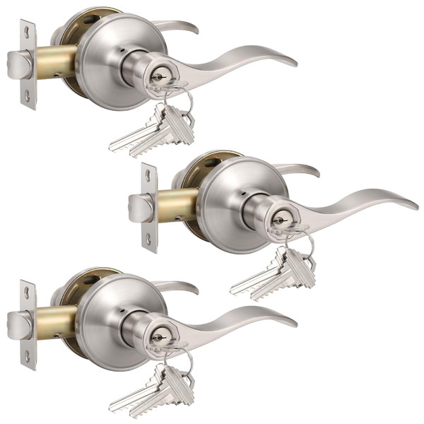 Knobonly 3 Pack Keyed Alike Satin Nickel Entrance Door Handle, Reversible Wave Style Exterior Keyed Entry Door Lever